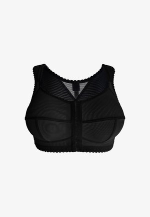 Reggiseno nero in materiale mesh, con spalline larghe, bordi ondulati, chiusura frontale a gancio e cuciture nei coppe per un supporto strutturato. Dettagli in pizzo testurizzato.
