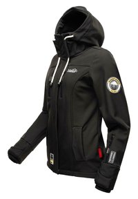 Black softshell jacket with a hood, zippered pockets, drawstring, and logo patches. Features elastic cuffs and a fitted design.