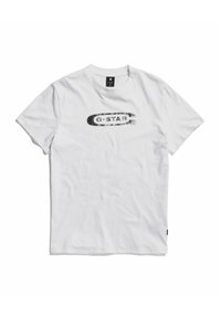 Camiseta de algodón blanca con mangas cortas, que presenta un logo impreso en negro de "G-STAR" en un diseño ovalado en el pecho.