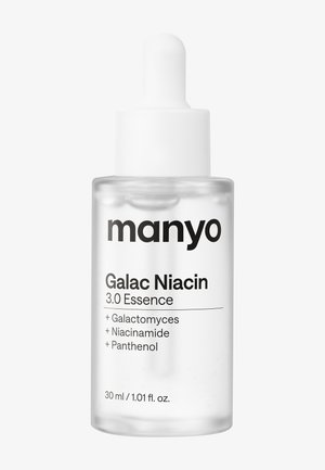 Flacone contagocce trasparente etichettato Manyo Galac Niacin 3.0 Essence con ingredienti galactomyces, niacinamide, panthenol, contenente 30 ml di liquido.