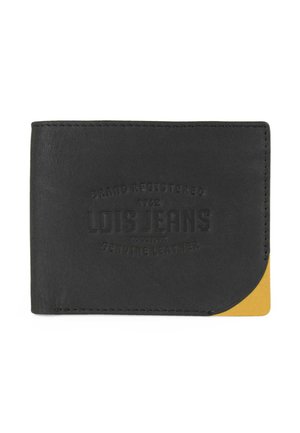 Billetera de piel genuina negra con logo en relieve, acento amarillo en la esquina y bordes cosidos, que presenta una textura lisa y un diseño compacto.