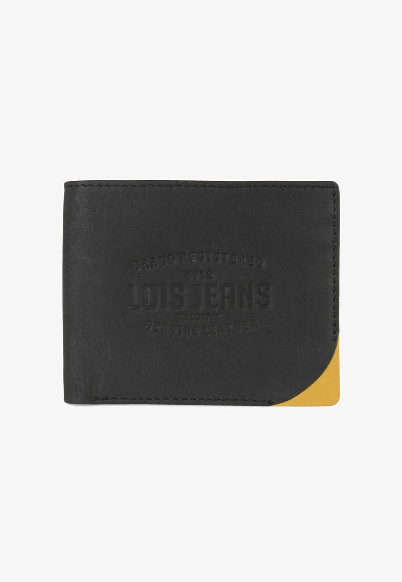 Billetera de piel genuina negra con logo en relieve, acento amarillo en la esquina y bordes cosidos, que presenta una textura lisa y un diseño compacto.