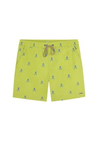 Shorts de bain vert lime avec un motif répété de crânes et os croisés bleus, taille élastique et fermeture à cordon.