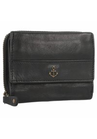 Portafoglio in pelle nera con chiusura a zip, caratterizzato da un emblema dorato a forma di ancora, un design piegato e cuciture visibili.