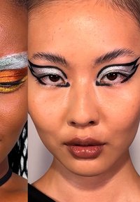 Due facce affiancate; a sinistra un trucco occhi colorato con tonalità d'oro e d'argento, a destra un eyeliner nero intenso e labbra nude lucide.