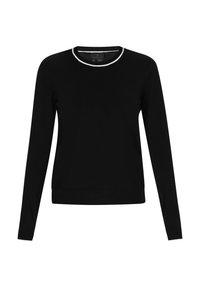 Maglione nero a maniche lunghe con collo rotondo e bordo bianco sul collo e sui polsini. Realizzato in un tessuto morbido, con una silhouette aderente e orlo a costine.