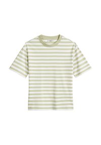 T-shirt rayé en vert clair et blanc. Manches courtes et col rond, fabriqué en coton doux. Motif à rayures horizontales.