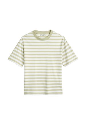 Gestreept T-shirt in lichtgroen en wit. Korte mouwen en een ronde halslijn, gemaakt van zachte katoenstof. Horizontaal streeppatroon.