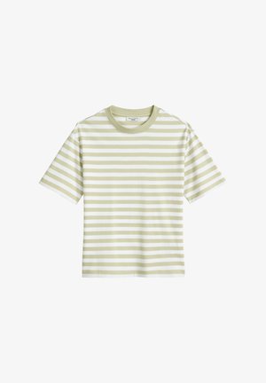 Gestreiftes T-Shirt in Hellgrün und Weiß. Kurze Ärmel und runder Ausschnitt, aus weichem Baumwollstoff gefertigt. Horizontal gestreiftes Muster.