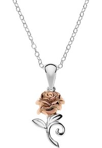 Ros-formad hängsmycke i rosé och silver metall, med intrikata detaljer, fäst vid en silverkedja. Böjda bladakcenter.