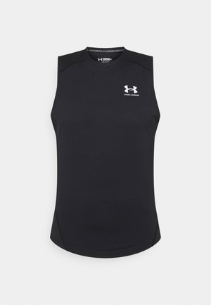Black sleeveless athletic top made of a smooth, stretchy fabric. Features a round neckline and a small white logo on the chest.