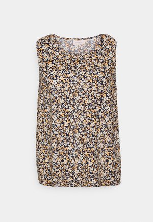 Mouwloze blouse met ronde hals, met een dicht bloemenpatroon in wit en geel op een zwarte achtergrond.