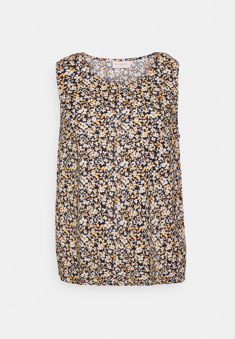 Blouse sans manches avec un col rond, présentant un motif floral dense en blanc et jaune sur un fond noir.