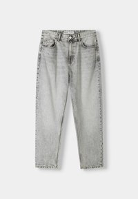 Jeans in denim grigio con vita alta, gambe dritte, design a cinque tasche e leggera scoloritura. Presentano una chiusura classica con bottone e zip.