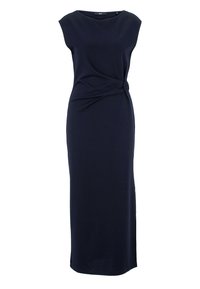 Marineblaue, ärmellose Maxikleid mit Rundhalsausschnitt, verdrehter Knotendetail an der Taille und einem glatten, fließenden Stoff.