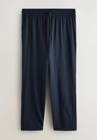 Pantalon bleu marine léger avec une ceinture élastique et un cordon de serrage. Le design présente une coupe droite sans motifs ni accents visibles.