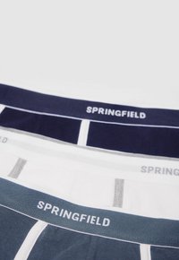 Tři páry bavlněných slipů s elastickým pasem v námořnické, bílé a tyrkysové barvě. Každý pas je potištěn nápisem "SPRINGFIELD" bílou barvou.