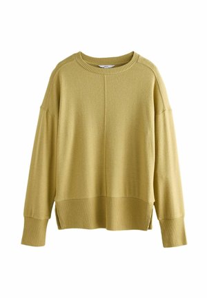 Maglione giallo chiaro con collo rotondo, spalle cadenti, polsini a coste e orlo a coste. Texture morbida, design casual e spacchetti laterali.