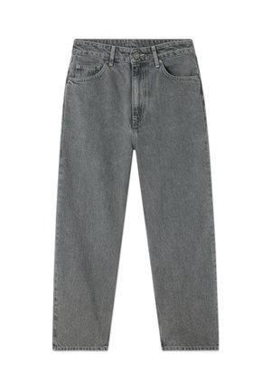 Gray high-waist straight-leg jeans with front button, zipper, belt loops, and five-pocket design on a white background.