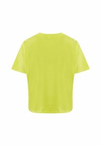 Neon žluté tričko s krátkým rukávem a kulatým výstřihem, vyrobené z lehkého materiálu, s jednoduchým a čistým designem bez zdobení.