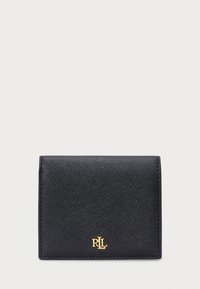Black leather wallet with a smooth texture, rectangular shape, featuring a gold logo in the bottom corner and stitched detailing along the edges.