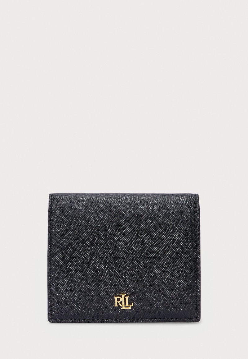Black leather wallet with a smooth texture, rectangular shape, featuring a gold logo in the bottom corner and stitched detailing along the edges.