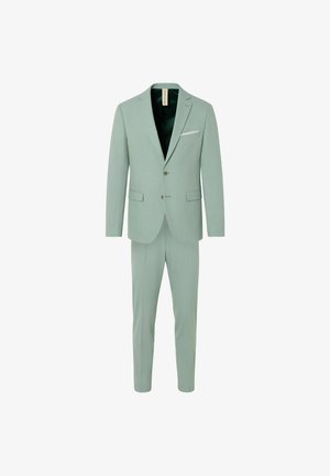 Lichtgroen pak met een jasje met een notch-lapel en slim-fit broek. Het jasje heeft een enkelvoudige sluiting en een pochet.