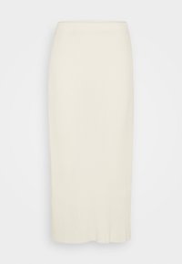 Ribbade knälånga kjolen i mjuk, krämfärgad tyg med en åtsittande midja och en subtil slits i fållen. Slät, lätt vikt textur.