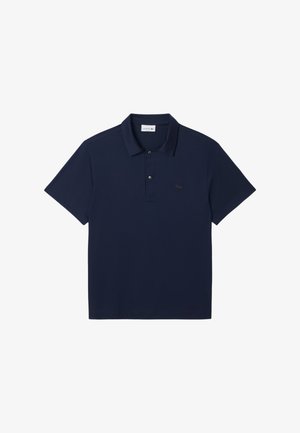 Marineblaue Poloshirt aus Baumwolle, mit klassischem Kragen, zwei-Knopf-Leiste und kleinem gesticktem Logo auf der linken Brust.