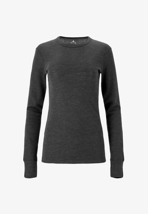 Mørkegrå langærmet skjorte lavet af blødt stof. Har en rund halsudskæring og tætsiddende ærmer. Glat tekstur med et enkelt design.