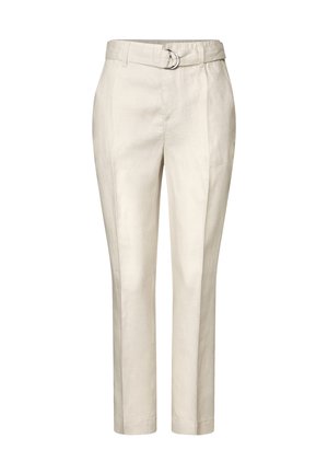 Beige linnedragter med et tætsiddende design, mellem-høj talje og et bælte med en cirkulær metalspænde, lige benudskæring og ingen lommer.