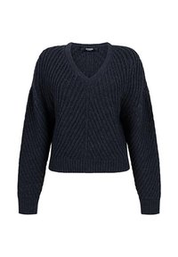 Donkerblauwe V-hals sweater met een kabelbreipatroon, cropped lengte en lange mouwen. Gemaakt van zachte, gestructureerde stof.