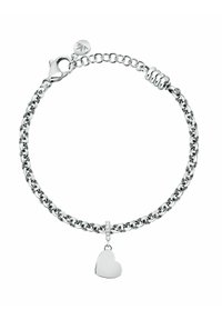 Bracciale in argento con ciondolo a forma di cuore dalla superficie lucida, decorato con una fila di piccoli cristalli trasparenti e chiusura a moschettone.