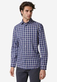 Langarmhemd mit blau-weißer Karomusterung und Button-Down-Kragen, mit einer glatten Baumwolltextur und geradem Saum.