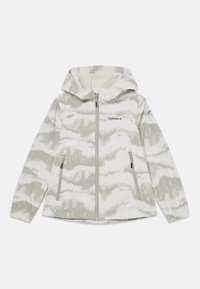 Lightweight hooded jacket in white with gray cloud pattern. Features front zipper, two side zip pockets, and elastic cuffs. Durable fabric.