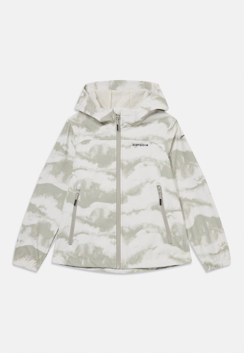 Lightweight hooded jacket in white with gray cloud pattern. Features front zipper, two side zip pockets, and elastic cuffs. Durable fabric.