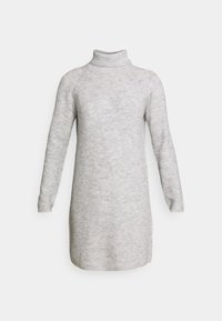 Light gray knit sweater dress with a high neck, long sleeves, and a textured pattern. Mid-thigh length with a relaxed fit.