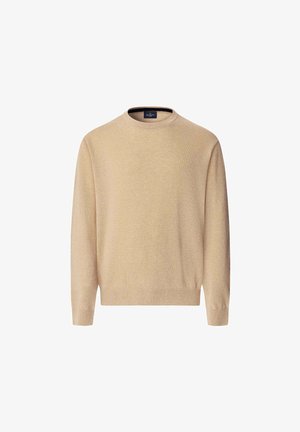 Beżowy sweter dziany z okrągłym dekoltem, długimi rękawami oraz ściągaczami na mankietach i u dołu. Miękka tekstura i prosty design bez wzorów.