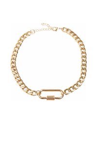 Collier en chaîne dorée avec de grands maillons et un élément en métal ovale central. Surface texturée avec une finition brillante. Fermoir inclus.