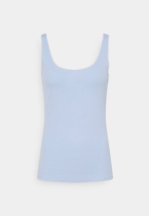 Light blue ribbed tank top with wide straps and a scoop neckline, displayed on a neutral background.