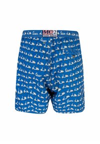Boxer blu con un motivo ripetuto di scooter Vespa bianchi, vita elastica con brand, e una tasca posteriore singola con chiusura a bottone.