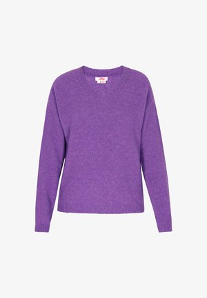 Maglione viola a scollo a V realizzato in materiale a maglia testurizzato, con maniche lunghe e vestibilità morbida. Polsini e fondo a coste.