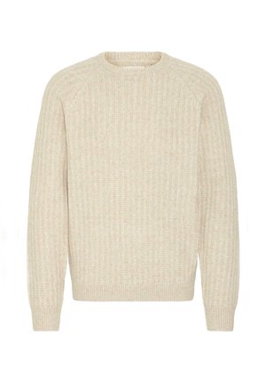 Helle beige Strickpullover mit gerippter Textur, Rundhalsausschnitt und langen Ärmeln. Hat eine lockere Passform und subtile Details entlang der Nähte.