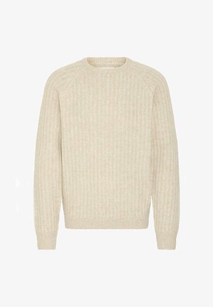 Světlý béžový pletený svetr s ribovanou texturou, kulatým výstřihem a dlouhými rukávy. Má uvolněný střih a jemné detaily podél švů.