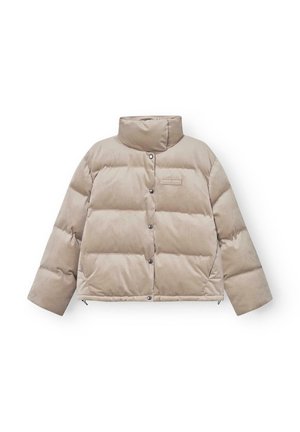 Beige gepolsterte Jacke mit hohem Kragen, Druckknöpfen und einer kastigen Silhouette. Verfügt über eine aufgesetzte Tasche und seitliche Reißverschlüsse zur Anpassung.