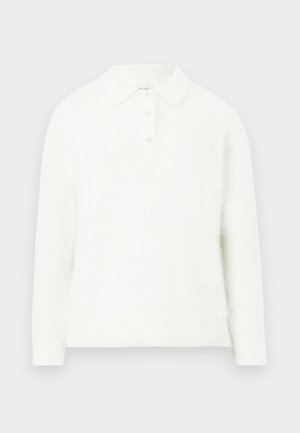 White fuzzy pullover with a collared neck, three-button closure, long sleeves, and a soft texture. Simple design with no visible patterns.
