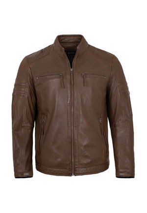 Braune Lederjacke mit Reißverschluss vorne und vier Reißverschlusstaschen, mit gesteppter Verarbeitung an Schultern und oberen Ärmeln.