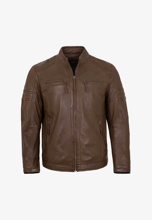Braune Lederjacke mit Reißverschluss vorne und vier Reißverschlusstaschen, mit gesteppter Verarbeitung an Schultern und oberen Ärmeln.