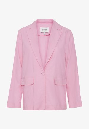 Lichtroze blazer van zachte stof, met een geknipt kraag, enkele knoopsluiting en twee voorpatchzakken.