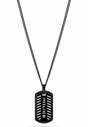 Schwarzes Metall-Halskettenanhänger mit ausgeschnittenem Schriftzug "POLICE" an einer schwarzen Kette vor weißem Hintergrund.